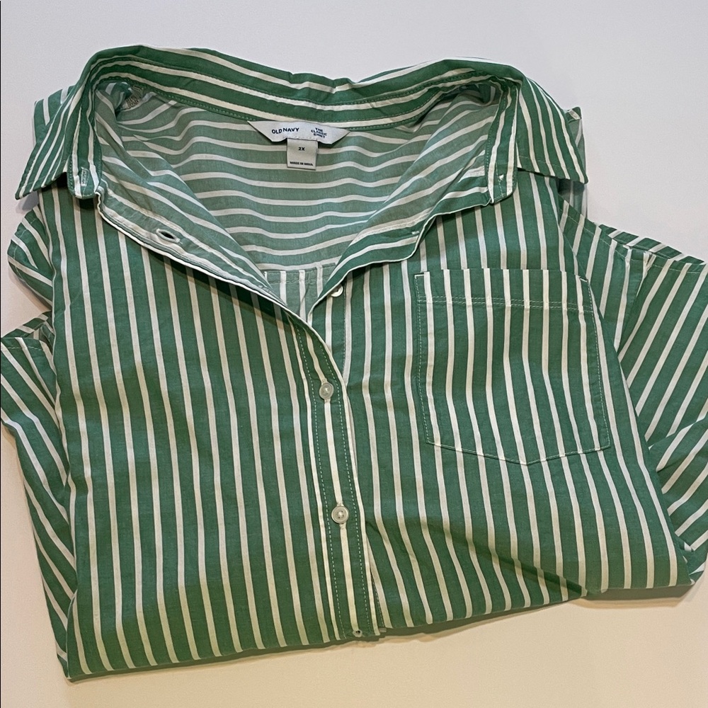 Old Navy Green and White Striped Classic Shirt NWT